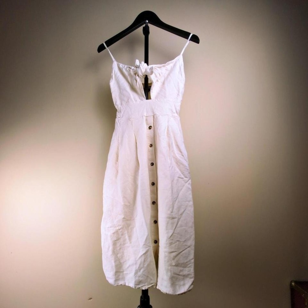 Linen Blend Tie Front Cream Smocked Dress with Pockets and Button Detail XS